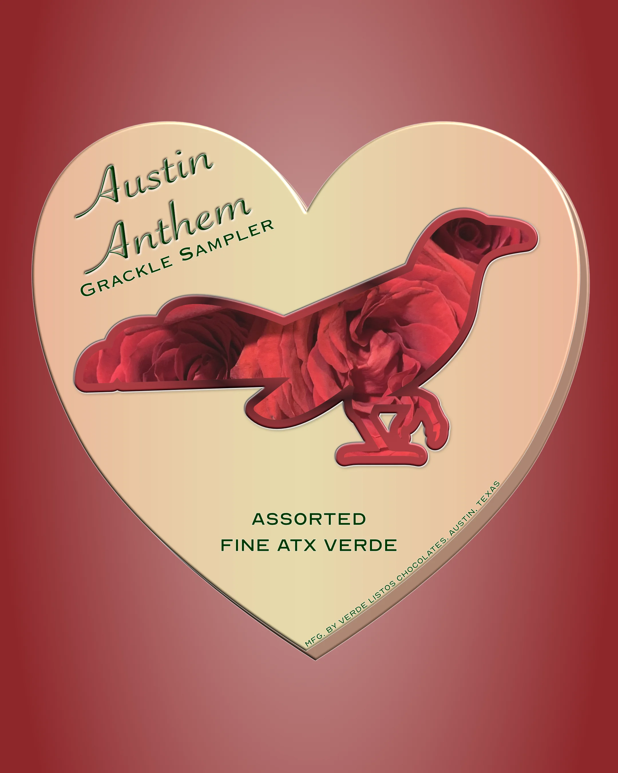 A heart shaped box of chocolates with a grackle on the cover.